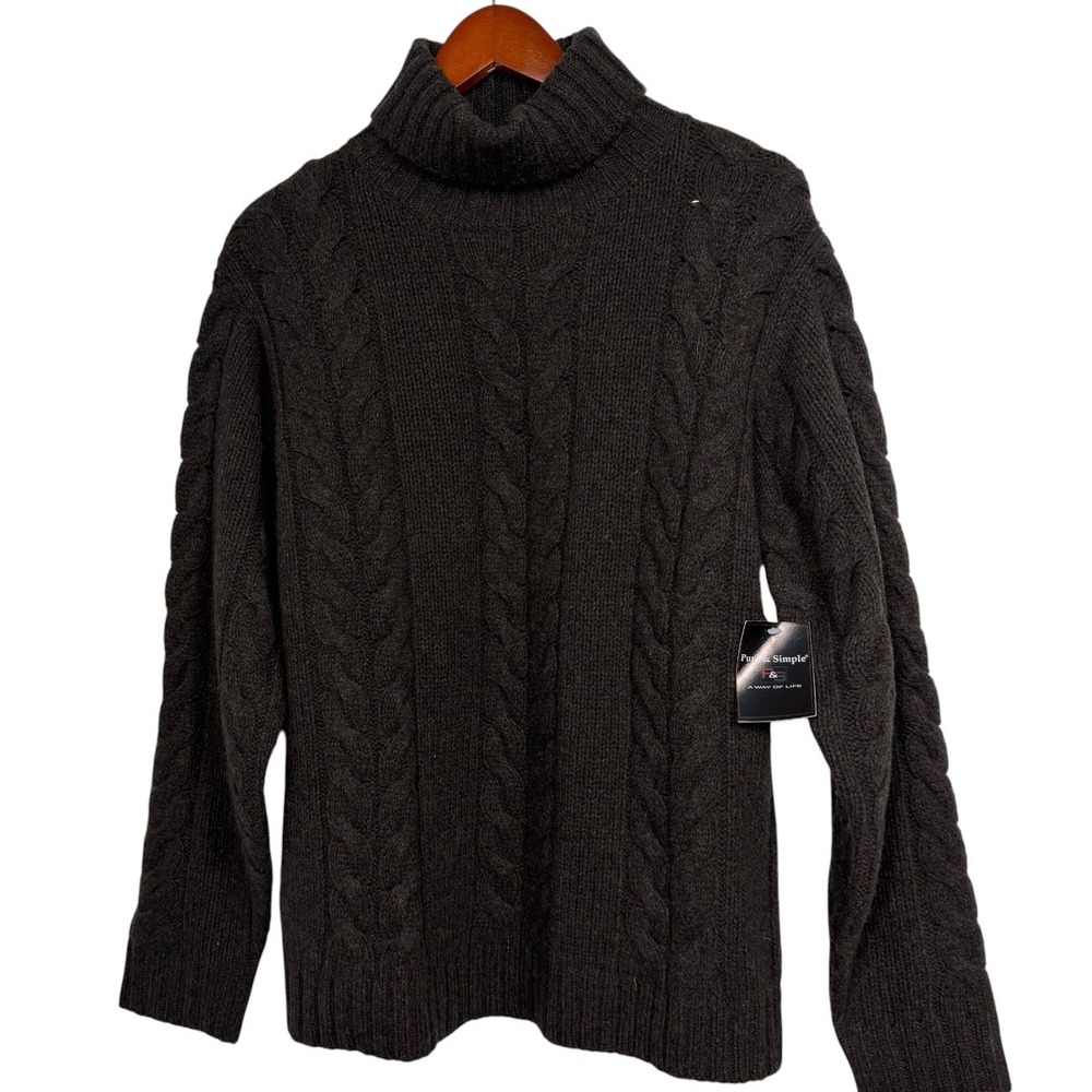 Pure & Simple Mens Charcoal Grey 100% Lambswool Cable Knit Turtleneck Sweater M